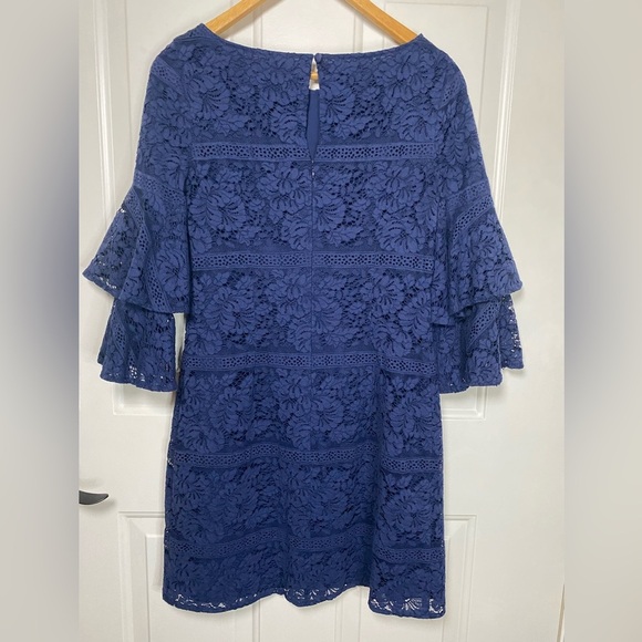 Eliza J Size 2 Navy Blue Lace Sheath Dress Fully Lined Bell Sleeves GUC … - Picture 4 of 15